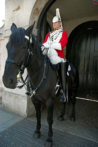 Londyn. Gwardzista na warcie przy Horse Guards